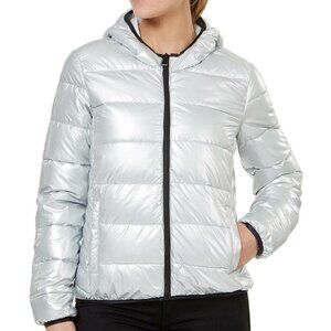 JR12 Numero Silver Quilted Juniors Hooded Packable Jacket - Size Medium